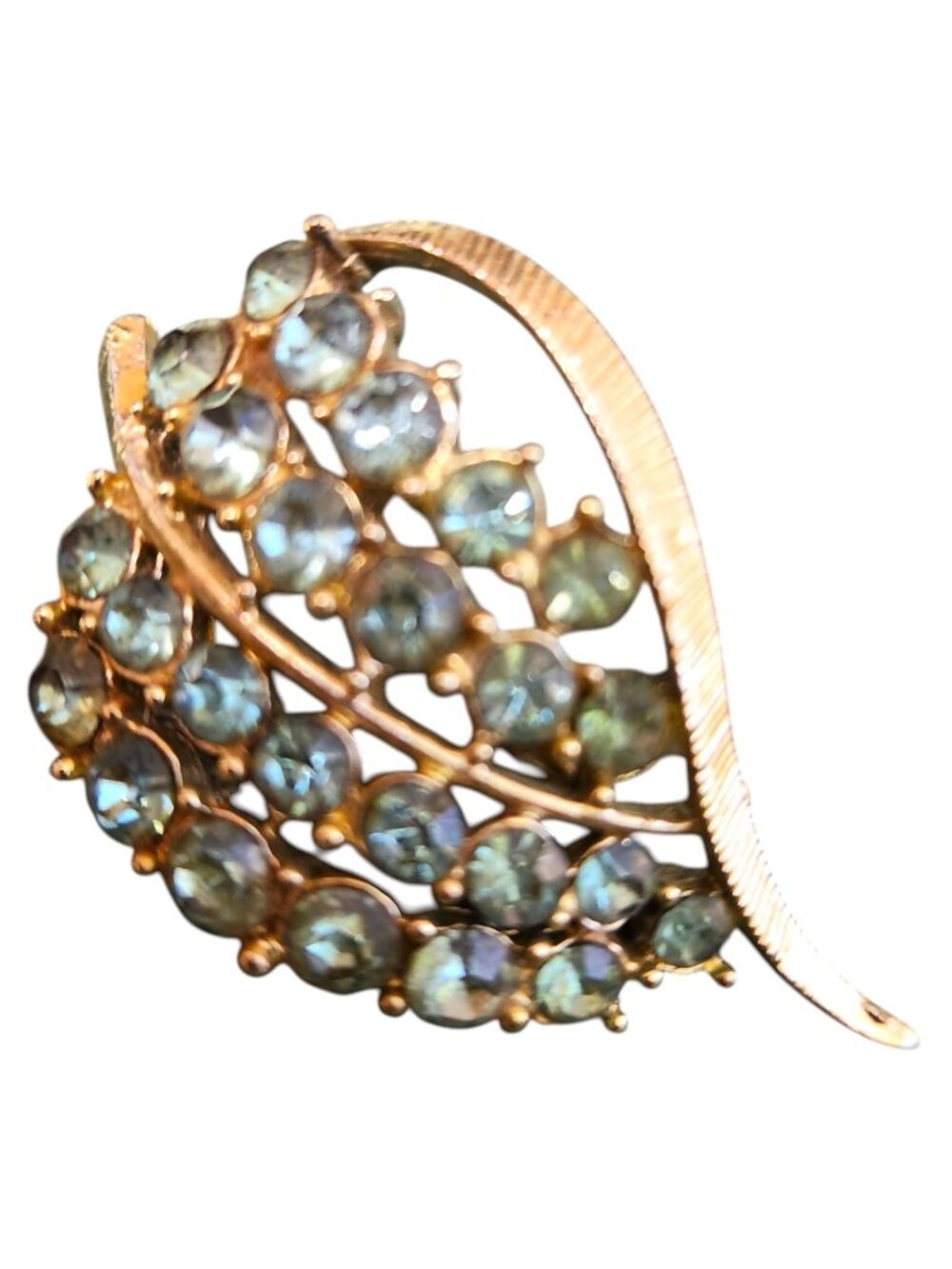 Vintage Gold-Tone Leaf Pin Brooch With Blue Rhinestones
